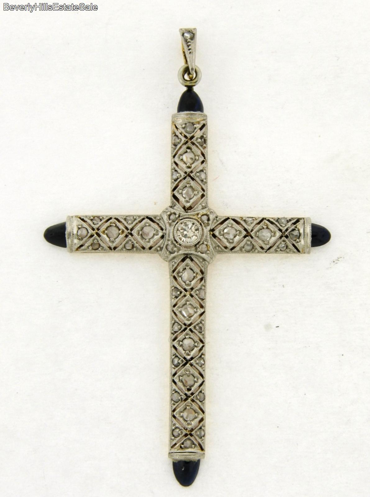 Antique Art Deco Platinum 18k Yellow Gold Sapphires Diamonds Cross