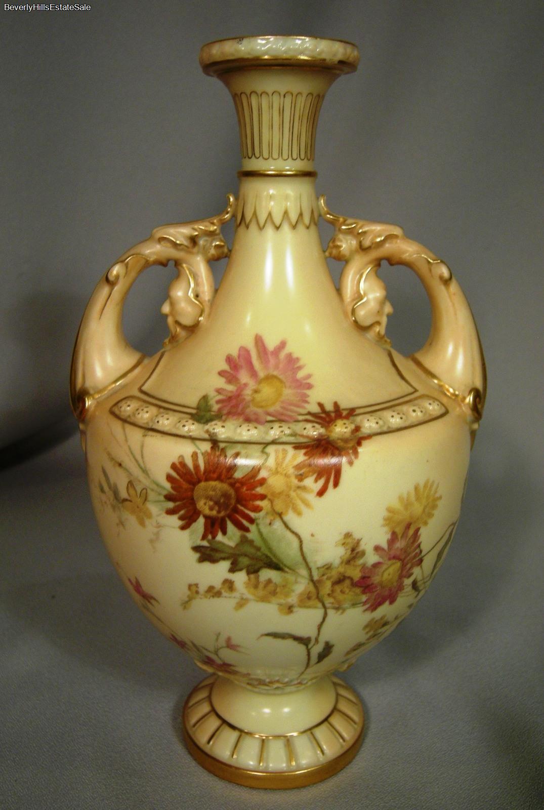 Royal Worcester Porcelain Vase With Foliate Mask Head Handles Flowers 1892 Ebay 8079