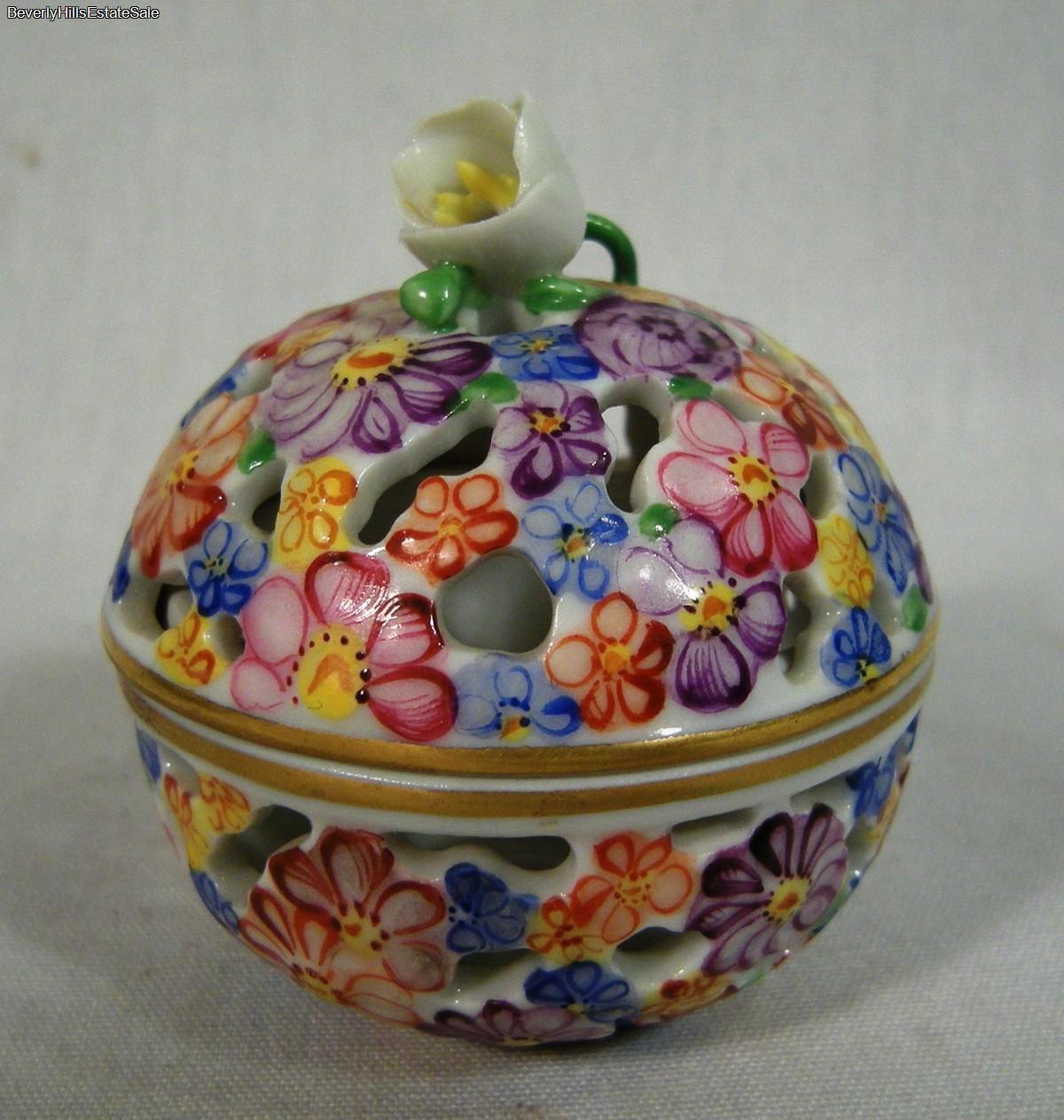 Vintage Herend Reticulated Potpourri Ball Box With Bright Flowers eBay