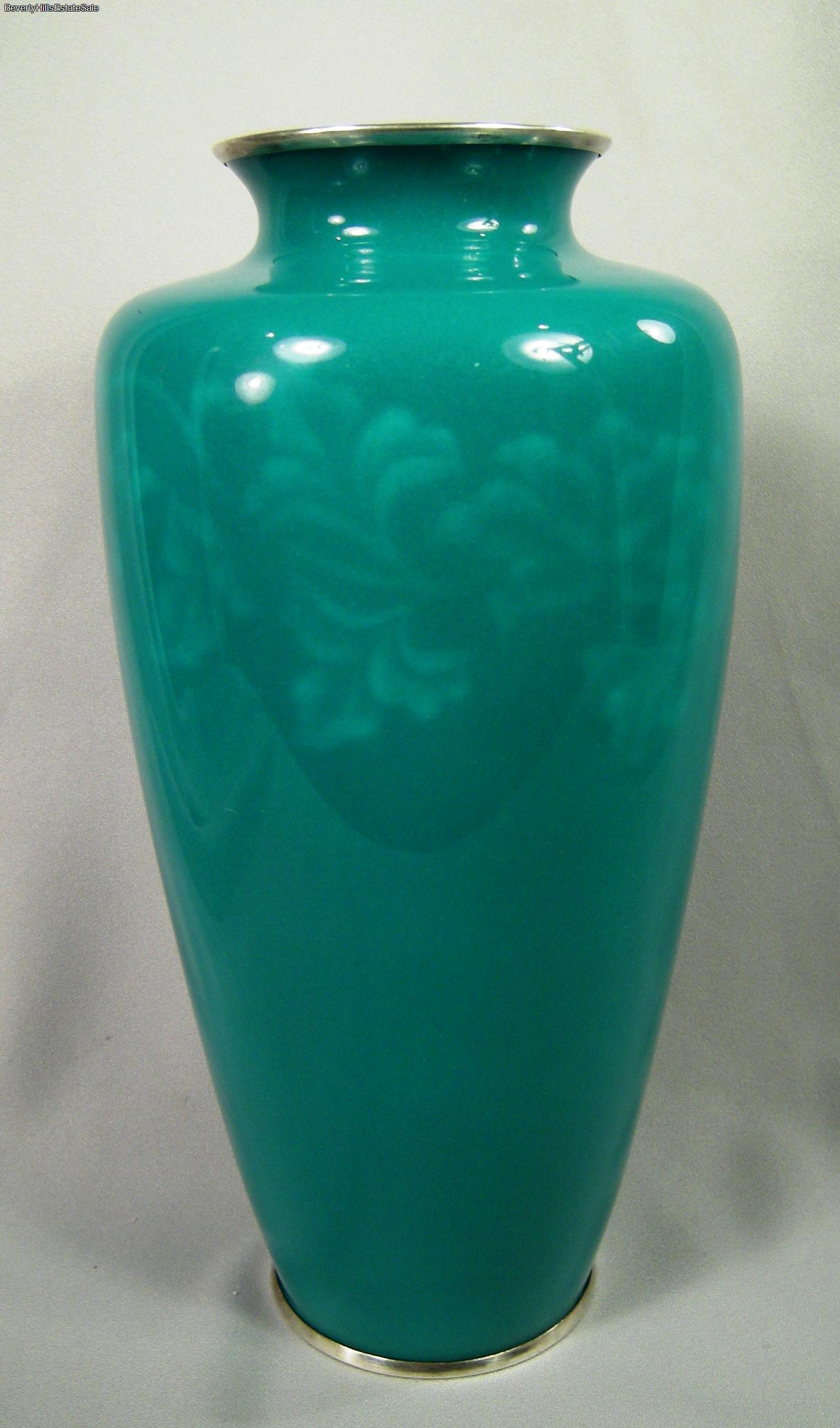 Vintage Signed Ando Japanese Wireless Cloisonne Vase Apple Green Silver ...