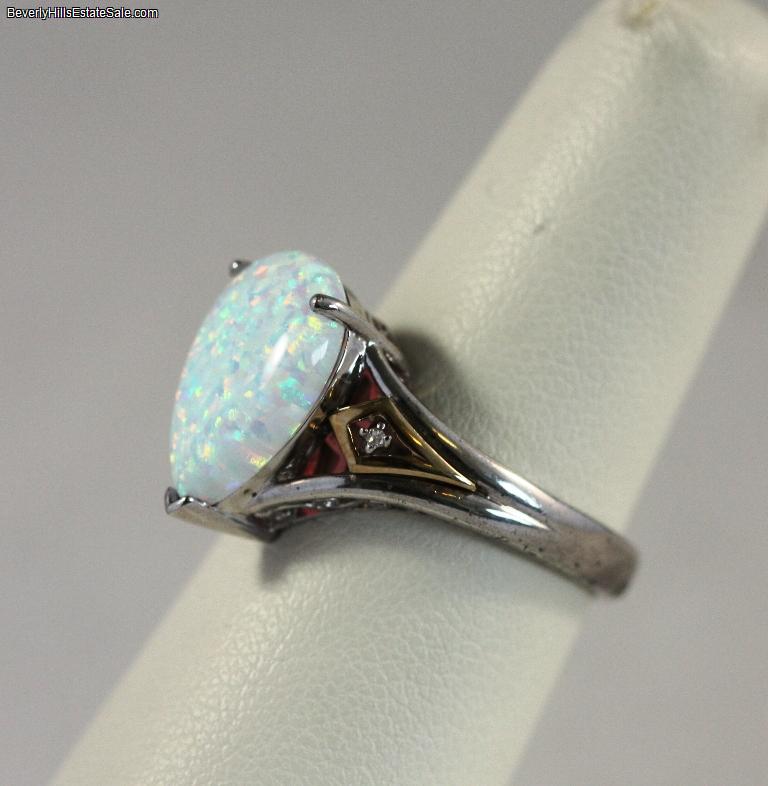 Fiery Pear Shaped Opal Diamonds 14k Gold & Silver Ring  