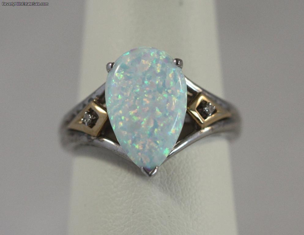 Fiery Pear Shaped Opal Diamonds 14k Gold & Silver Ring  