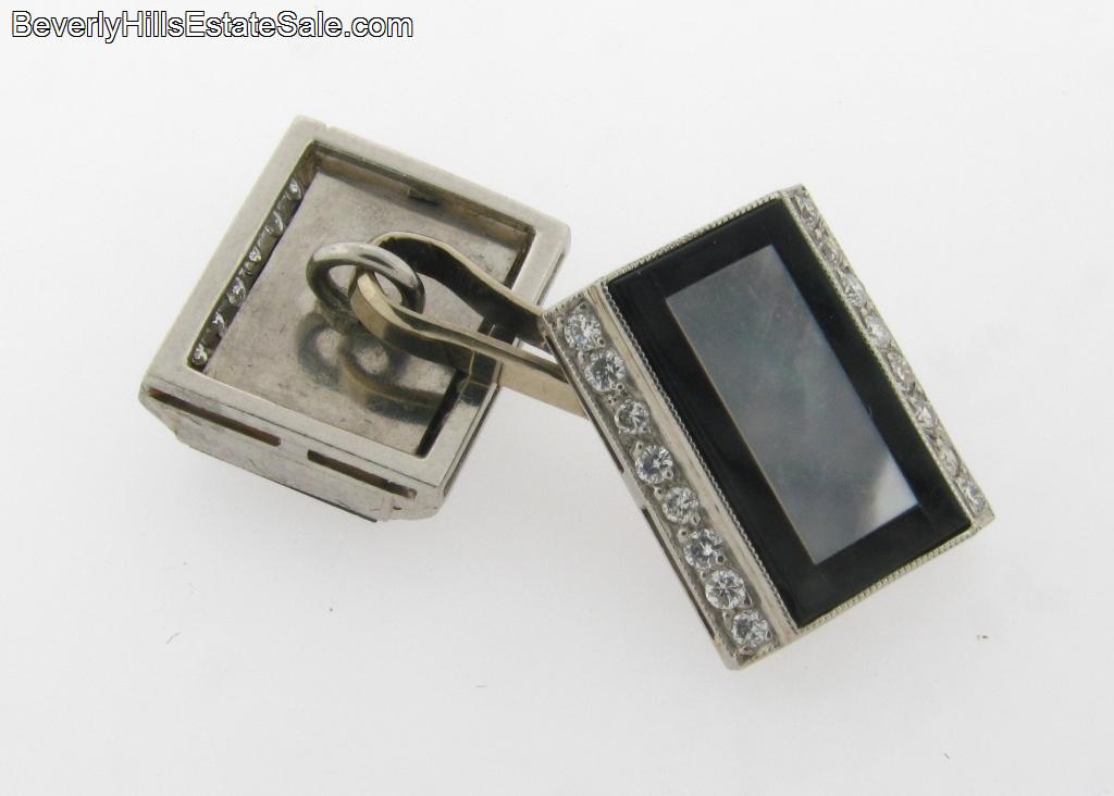 Plat Mother of Pearl Diamonds Onyx Art Deco Cufflinks  