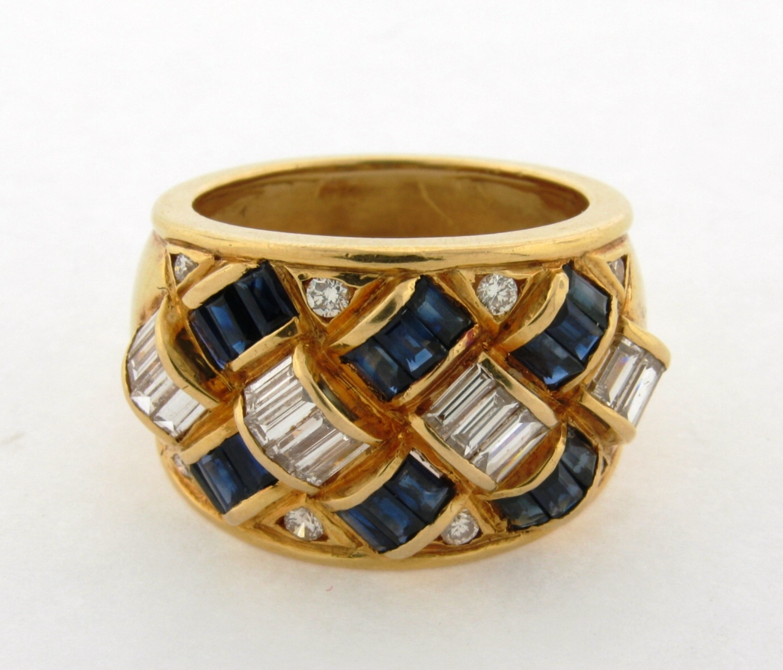 Vintage Sapphires Baguette Diamonds Ribbon Design 18K Yellow Gold Ring ...